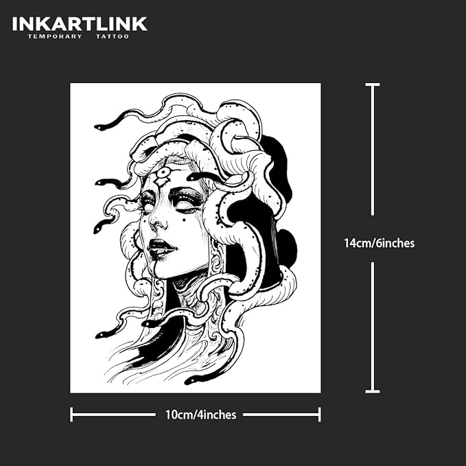 INKARTLINK Tattoo Tech, 2 Sheets Large Semi Permanent Tattoo, Adult Art Design Temporary Tattoos, Lasts 1-2 Weeks, Waterproof, Realistic Look, No Adhesive, No Reflection (Realistic Medusa Design)