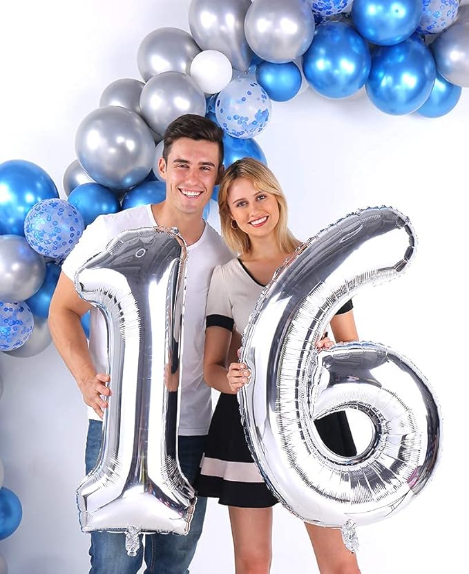 Silver 16 Number Balloons Big Giant Jumbo Large Number 16 Foil Mylar Balloons for Girl Boy Men 16th Birthday Party Supplies 16 Anniversary Events Decorations-40 inch