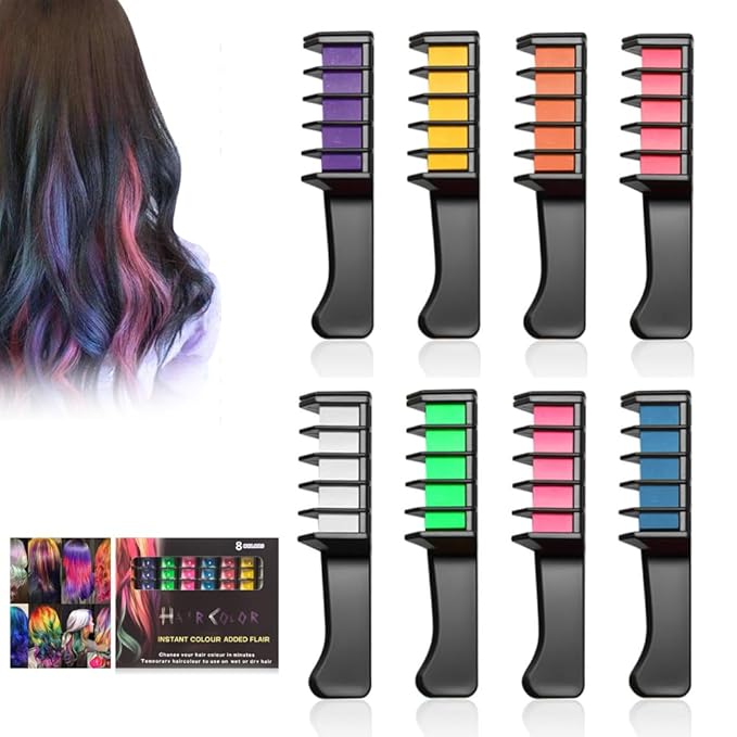 12 Colors Festive Fun Hair Chalk Combs, 2026 New Temporary Glitter Hair Colors Hair Chalk Combs, Washable Hair Color Dye for Birthday Christmas Hair DIY Party Gifts for Teenage Girls (8 Colors)