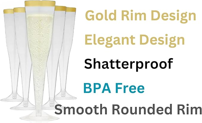 Oojami 100 Plastic Classic Champagne Disposable Flutes for Parties Plastic cups Wedding Party Toasting Cocktail Cups Bulk Party Pack (Gold Rim)