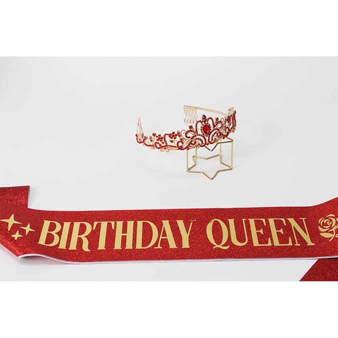 Birthday Queen Tiara & Sash for Women Girls, Rhinestone Headband Princess Crown with comb Happy Birthday Party Decorations Favors Supplies (Red)