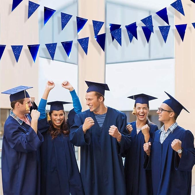30 Ft Royal Blue Party Decorations Navy Blue Metallic Glitter Paper Triangle Banner Flag Garland Pennant Bunting for Graduation Birthday Wedding Bridal Shower Ahoy Achor Nautical Theme Party Supplies