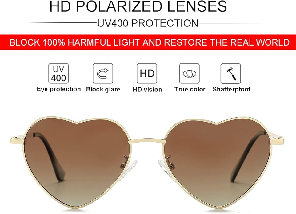 JOVAKIT Polarized Heart Sunglasses for Women Fashion Lovely Style Metal Frame UV400 Protection Lens