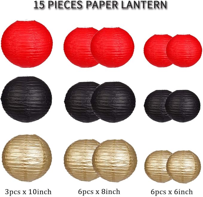 Paper Lanterns Decorative, Round Hanging Paper Lanterns Decorations for Wedding Graduation Anniversary Birthday Party Supplies Black/Gold/Red 15pcs