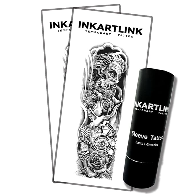 INKARTLINK Semi Permanent Tattoo, 2pcs Full Arm Large Size Art Party Tattoo, Comes With a Pair of Anti-transfer Sleeves, Lasts 7-15 Days, Waterproof and Anti-reflective (Old Man Time)