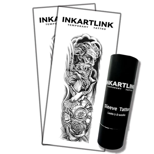 INKARTLINK Semi Permanent Tattoo, 2pcs Full Arm Large Size Art Party Tattoo, Comes With a Pair of Anti-transfer Sleeves, Lasts 7-15 Days, Waterproof and Anti-reflective (Old Man Time)
