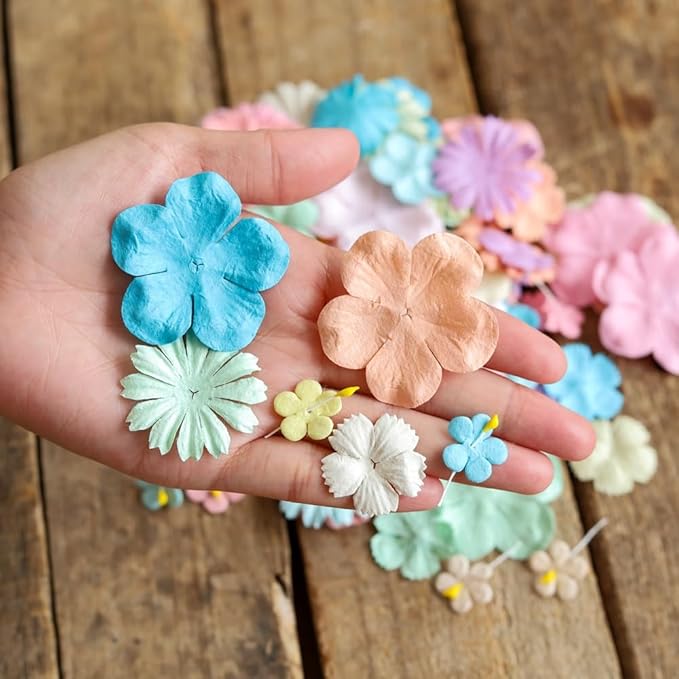 Handmade100 Pcs Mixed Flowers 18 mm - 2 Inch Mulberry Paper Flowers Scrapbooking Wedding DIY Craft Supplies Card (10 Colors Pastel Tone)