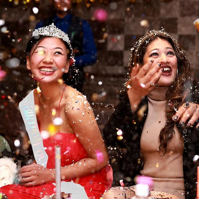 AOPRIE Birthday Queen Sash & Tiara, Silver, 2 Pack, Women & Girls, Classic Design, Rhinestone Embedded, Adjustable, 5.5 Inch Length, 60 Inch Sash