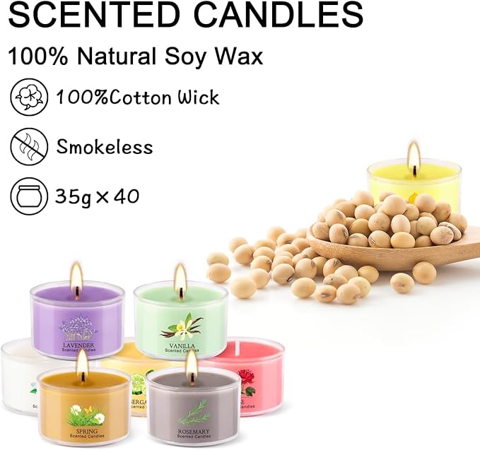40 Pack Scented Candle Set, 10 Fragrances, 35g Natural Soy Wax Candles with Smokeless Cotton Wicks, Ideal for Home Decor, Yoga, Meditation, Spa & Gifting.Mother's Day，Christmas，Aromatherapy