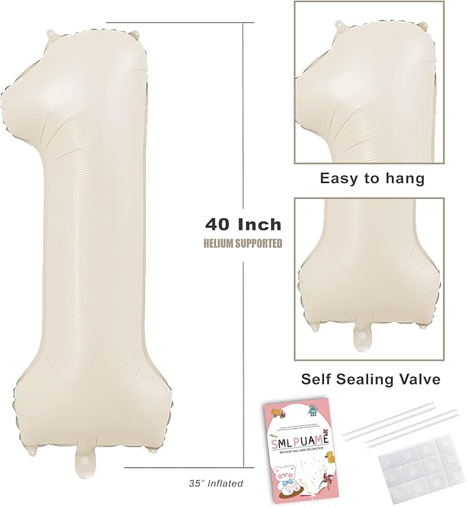 Smlpuame 40 Inch Beige Number 1 Balloon for 1st Birthday Decorations Boys Girls, Large Self Inflating Cream Foil Number 0-9 White Sand 1 Balloons for Women Men Party Anniversary Supplies Baby Shower