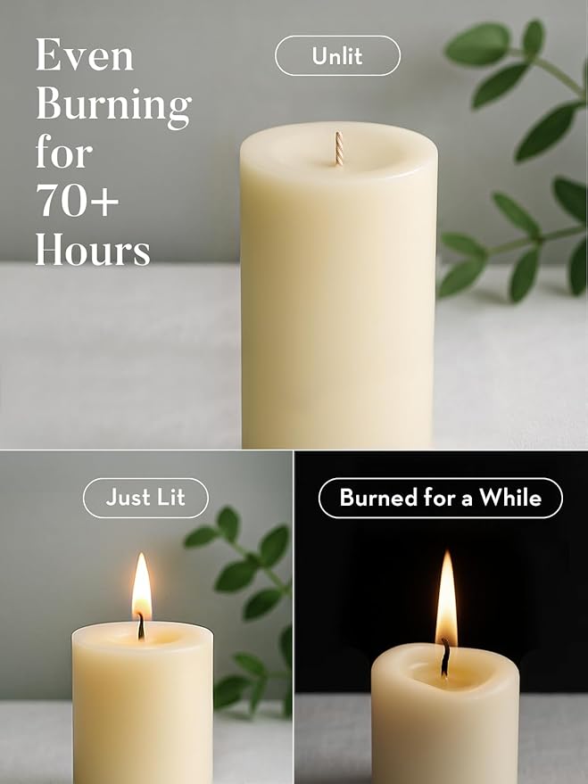 Ivory Pillar Candles, Set of 6, 70 Hour Long Burning, Unscented and Dripless Pillar Candles Bulk, Large Candles (3x6 inch) for Christmas Lights, Wedding, Parties, Spas, Home Decor