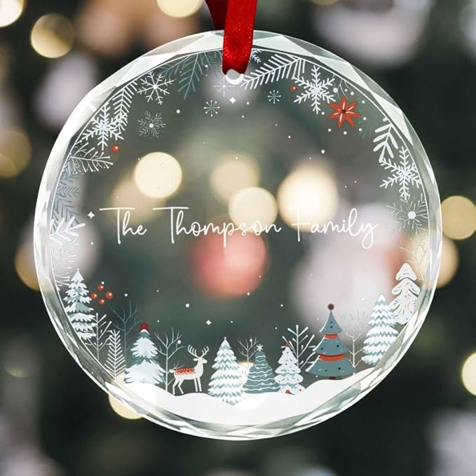 Personalized Round Christmas Crystal Glass Ornaments Custom Family Name Ornament for Christmas Tree Decor Customized 2025 Xmas Tree Hanging Gifts for Freinds Loves