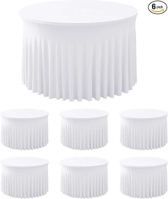 HolidayIdeas White Spandex Round Tablecloths for 60in Wedding Table, 5ft Fitted Stretch Table Skirts 120 Inch, Wrinkle-Free Ruffle Design Tablecloths for Banquets,Trade Shows, Parties, Events, 6 Pack
