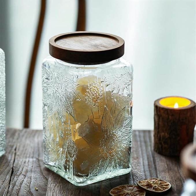 ANSQU Vintage Glass Storage Jar, 34oz Glass Canister Storage Jar Container with Airtight Wooden Lid for Kitchen Counter, Pantry, Coffee, Tea, Sugar, Cookie Jars (Square-Sunflower)