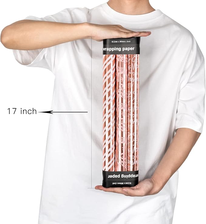 MAYPLUSS Christmas Wrapping Paper Roll - Mini Roll - 17 inch X 120 inch Per roll - 3 Different Rose Gold Design with Glitter Metallic Foil Shine (42.3 sq.ft.ttl)