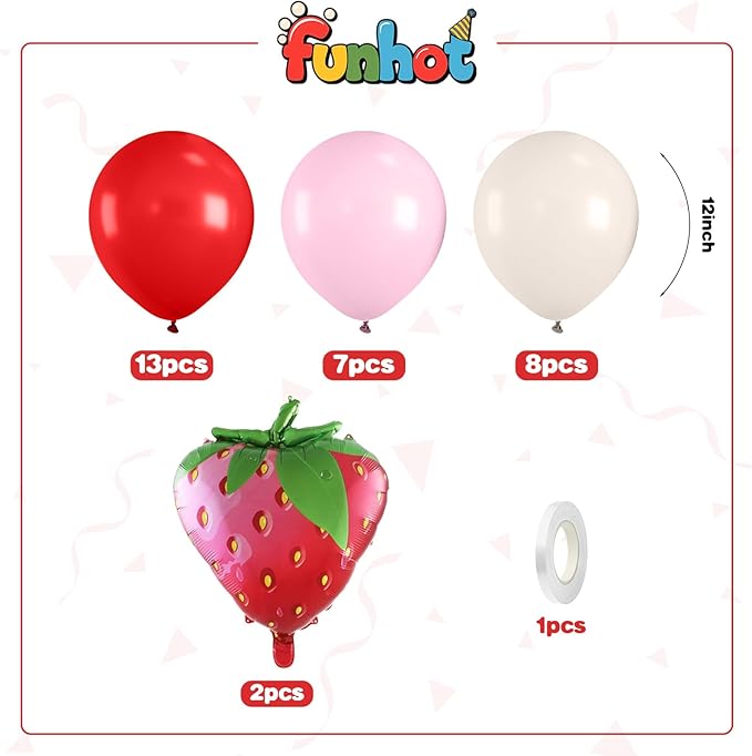 Strawberry Balloons,12 Inch Red and Pink Balloons with Strawberry Foil Balloon for Sweet One Birthday Baby Shower Strawberry Fruit Themed Party Decorations