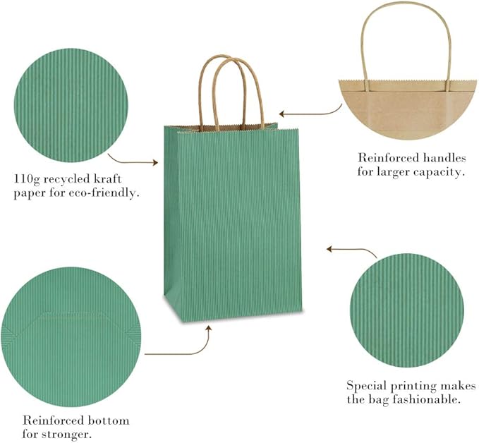 BagDream Kraft Paper Bags 100Pcs 5.25x3x8 Inches Small Kraft Gift Bags with Handles Bulk, for Shopping, Party Favor, Retail, Merchandise, Business, Green Striped Paper Sacks