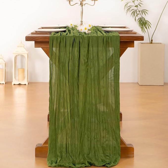 Socomi 6pcs Olive Green Fall Thanksgiving Cheesecloth Table Runner Boho Rustic Gauze 120 inch 10FT Cheese Cloth Runner for Wedding Party Baby Shower Birthday Home Decor Holiday Decorations
