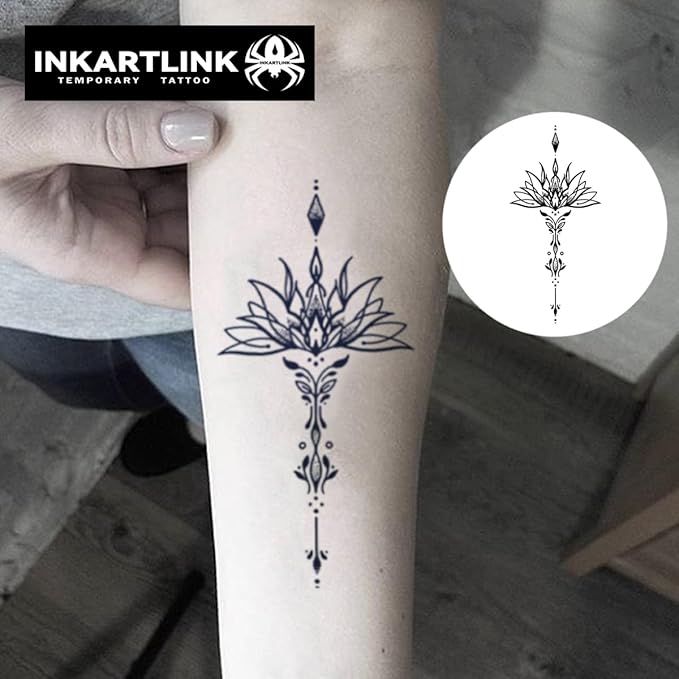 INKARTLINK Tattoo Tech, 2 Sheets Large Semi Permanent Tattoo, Adult Art Design Temporary Tattoos, Lasts 1-2 Weeks, Waterproof, Realistic Look, No Adhesive, No Reflection (Lotus Design)
