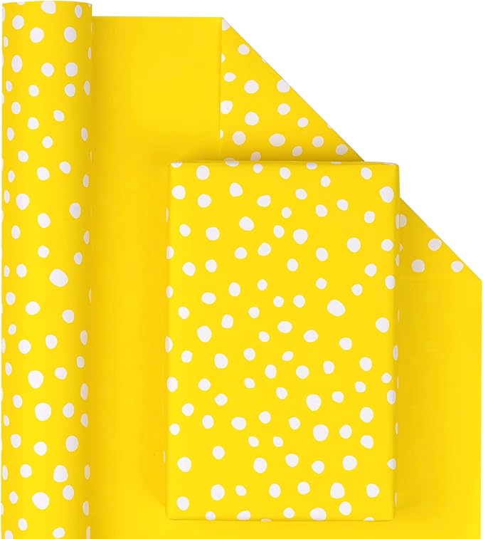 WRAPAHOLIC Reversible Wrapping Paper - Mini Roll - 17 Inch X 33 Feet - Yellow and Delicate Polka Dots Design for Birthday, Holiday, Wedding, Baby Shower