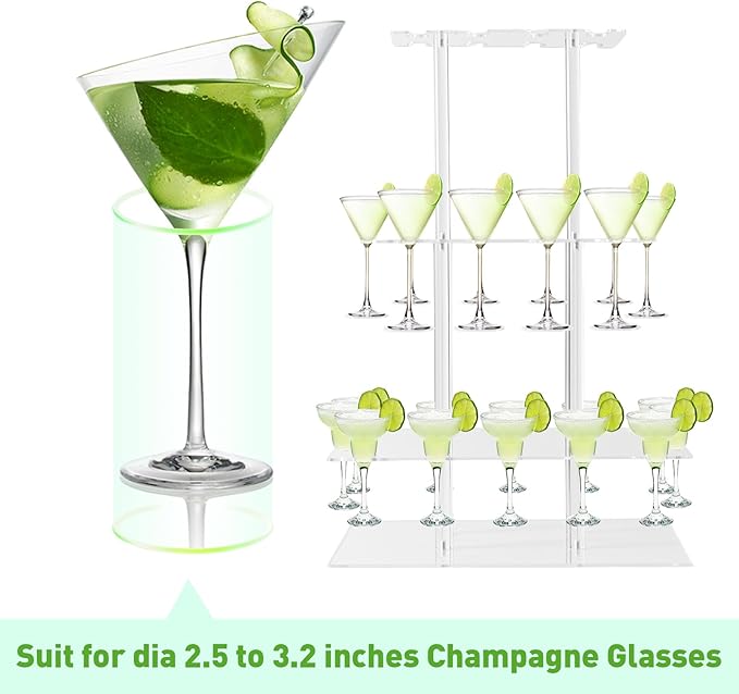 Champagne Tower, Rectangle Acrylic Champagne Display Rack Stand with 32 Slots, 3 Tier Floating Sight Champagne Flute Holder for Party, Wedding, 17.3x11.8x25.5 inch, 2Pcs