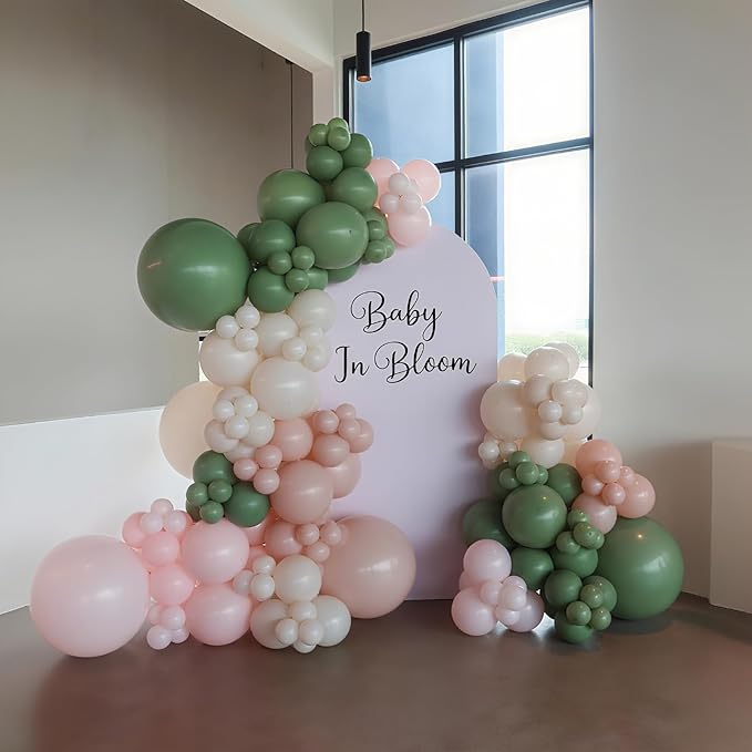 132Pcs Retro light pink and Green Balloon Arch Garland Kit, Sage Green, Pastel Orange, Sand White Balloons for Baby Shower Wedding Bridal Birthday Gender Reveal Party Decorations