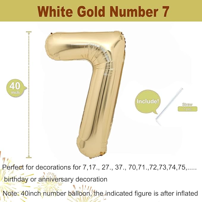 40 inch White Gold Number Balloon Giant Foil Helium Balloons Champagne Gold Number 7 Balloon for 7th Birthday Party Decorations