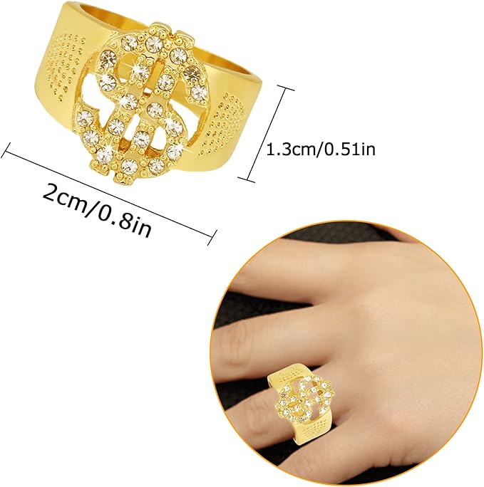5 Pack 80s 90s Hip Hip Costume Outfit Kit Bucket Hat Fake Gold Chain Sunglasses Dollar Sign Finger Ring Earring Hoop for Men Women Punk Rapper Jewelry Accessories