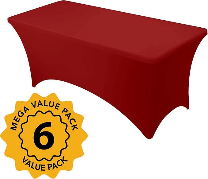 6-Pack Premium Red Spandex Tablecloths for 6ft Rectangle Tables, Stain & Wrinkle-Resistant, Washable Stretch Polyester Fitted Table Cover for Weddings, Banquets, Trade Shows Events