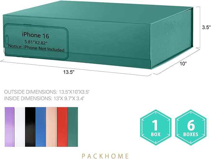 PACKHOME 6 Large Christmas Gift Boxes 13.5x10x3.5 Inches, Sturdy Shirt Boxes with Magnetic Lids for Multiple Occasions (Glossy Green)