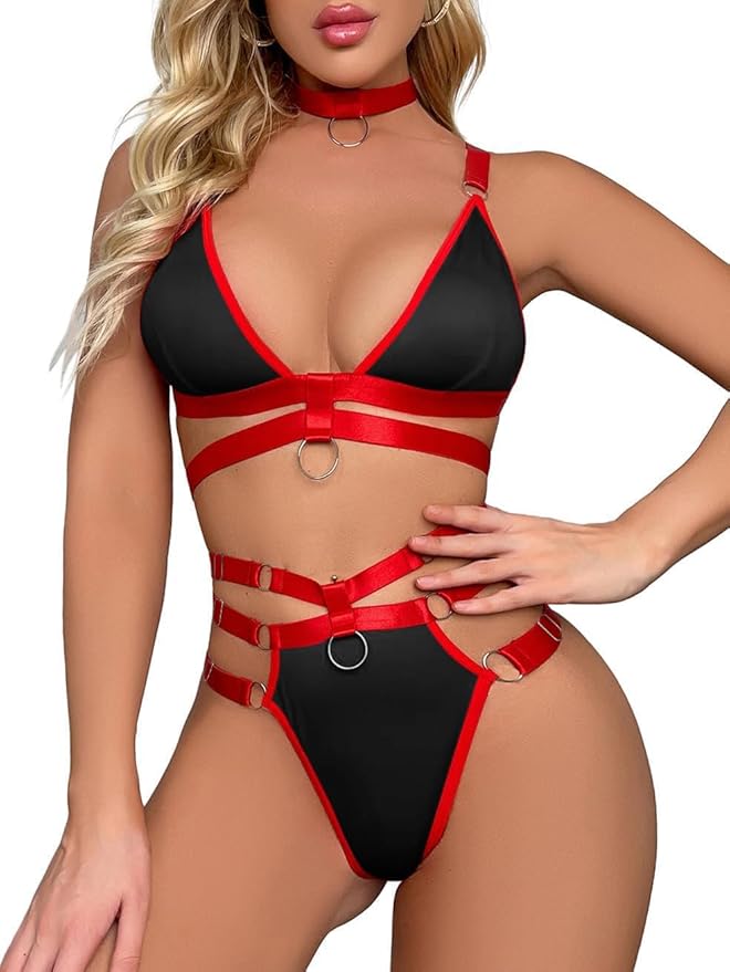 Lilosy Sexy Wireless Choker O Ring Linked Strappy Harness Lingerie Set Outfits 3 Piece
