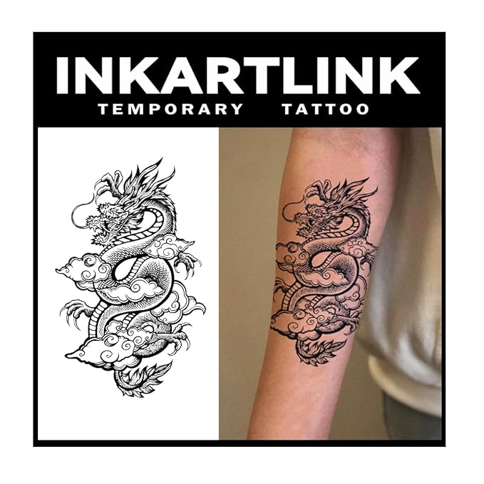 INKARTLINK Tattoo Tech,2 Sheets Extra-Large Semi Permanent Tattoo,Adult Art Design Temporary Tattoos, Lasts 1-2 Weeks, Waterproof, Realistic look, No Adhesive, No reflection (Dragon Design）