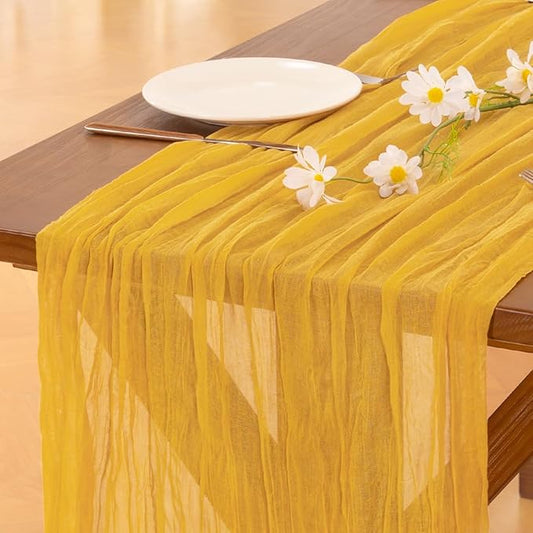 Socomi 10pcs Gold Yellow Cheesecloth Table Runner Boho Rustic Gauze 120 inch 10FT Cheese Cloth Runner for Wedding Party Baby Shower Birthday Home Decor Holiday Decorations