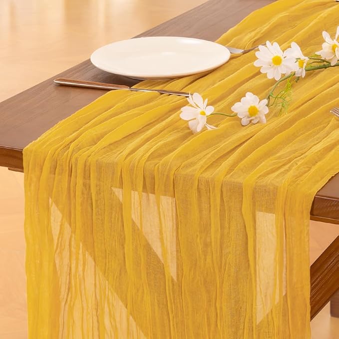 Socomi 6pcs Gold Yellow Fall Thanksgiving Cheesecloth Table Runner Boho Rustic Gauze 120 inch 10FT Cheese Cloth Runner for Wedding Party Baby Shower Birthday Home Decor Holiday Decorations