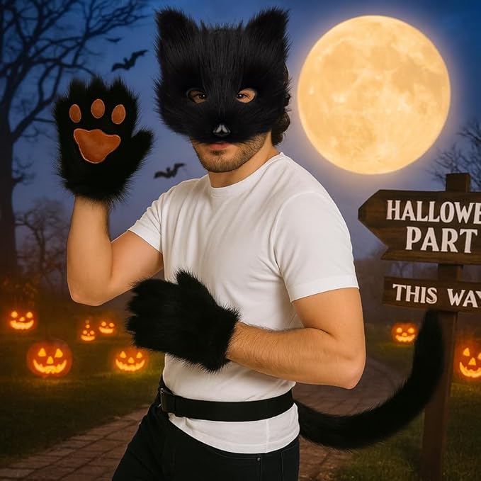 Fox Mask Wolf Fox Tail Cat Cosplay Set: Furry Mask + Paw Gloves + Tail, Ideal for Halloween & Themed Parties
