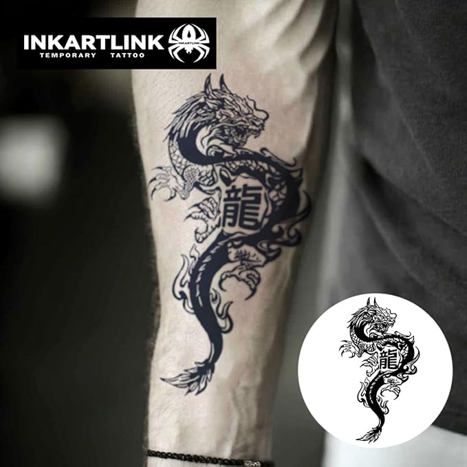 INKARTLINK Tattoo Tech, 2 Sheets Large Semi Permanent Tattoo, Adult Art Design Temporary Tattoos, Lasts 1-2 Weeks, Waterproof, Realistic Look, No Adhesive, No Reflection (Chinese Dragon Design)