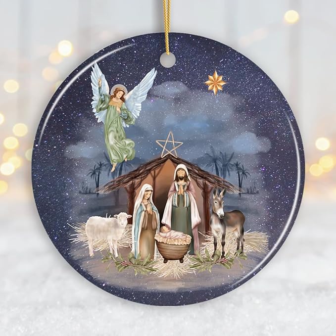 Religious Themed Christmas Ornaments, Nativity and Jesus Christ Decorations - Jesus and Mary Nativity Night Art Illustration Christmas Ornament