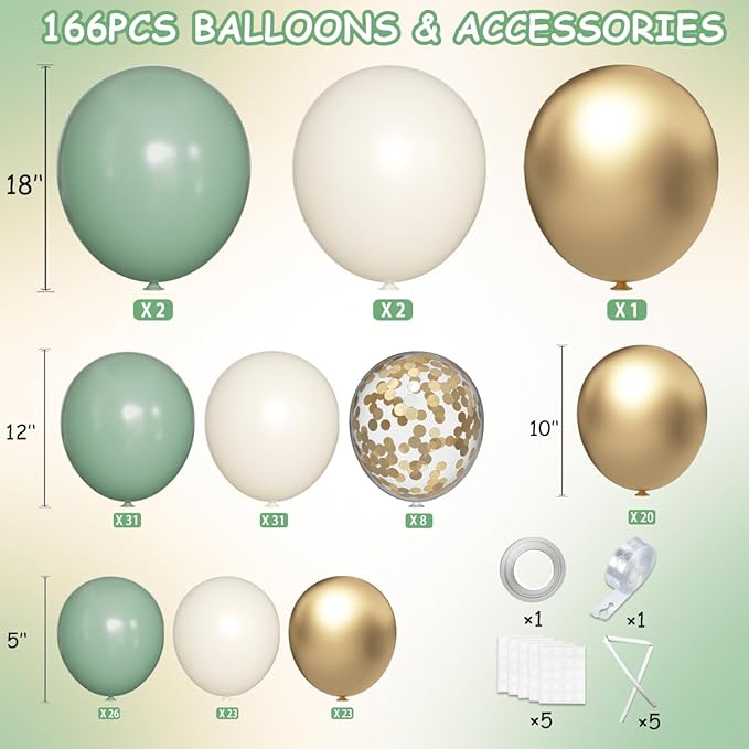 Sage Green White Gold Balloon Arch Kit, 166Pcs Sage Green White Sand Gold Metallic and Gold Confetti Balloons Garland for Baby Shower Gender Reveal Wedding Jungle Safari Party Decoration