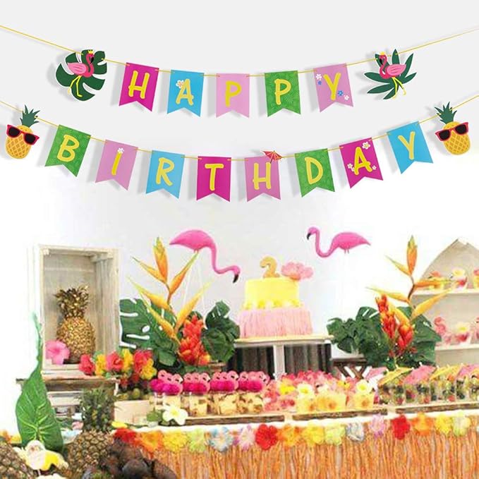 SUNBEAUTY Hawaiian Aloha Party Tropical Happy Birthday Banner Luau Birthday Flamingo Pineapple Palm Leaf Banner for Summer Birthday Party Decorations Supplies | Pre-Strung