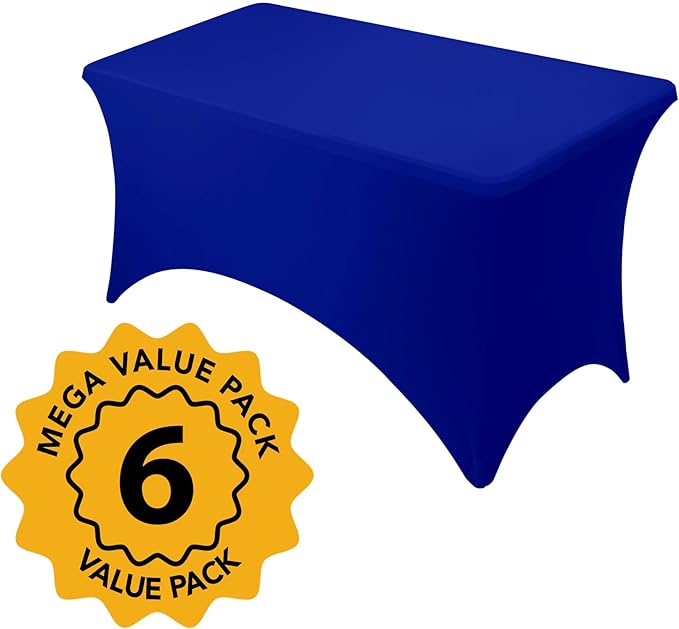 6-Pack Premium Royal Blue Spandex Tablecloths for 4ft Rectangle Tables, Stain & Wrinkle-Resistant, Washable Stretch Polyester Fitted Table Cover for Weddings, Banquets, Trade Shows Events