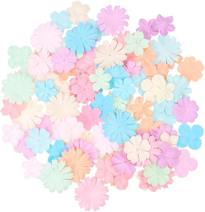 100 Pcs Handmade Mixed Mulberry Paper Flowers 30 mm - 1.5 Inch Scrapbooking Wedding DIY Craft Supplies Card. (Mixed Flowers Pastels)