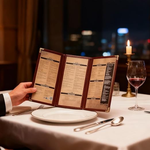Goodsmart Restaurant Menu Covers – 25 Pack Burgundy 6-View Trifold 8.5" x 14", Side-Loading Vinyl & Plastic Menu Holders, Clear Menu Sleeves, Leather-Style Café Covers with Gold Corners
