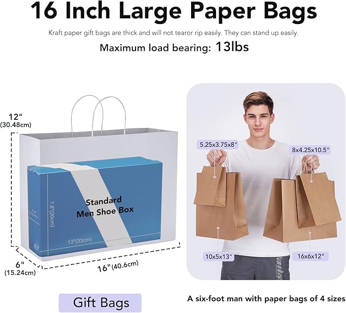 GSSUSA 16x6x12 100Pcs White Gift Bags with Handles,Paper Gift Bags?White Large Paper Bag with Handles, 100% Recyclable Shopping Kraft Paper Bags for Small Business, Party Favor