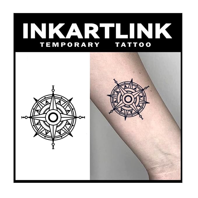 INKARTLINK 3 Sheets Small Semi Permanent Tattoos, temporary tattoos, adult art designs, waterproof, realistic, no adhesive, no reflective, Lasts 1-2 weeks (Wayfarer's Compass)