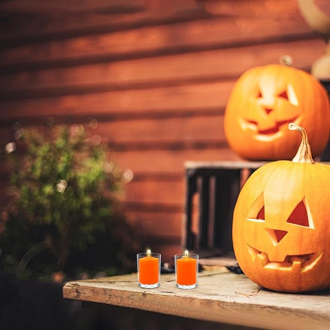 9 Packs Orange Votive Candles, Small Unscented 1.5 Inch by 1.25 Inch Colored Wax Candles for Fall Harvest Thanksgiving Day, Wedding, Party, Table Holiday & Home Decoration - 8 Hours Burn Time