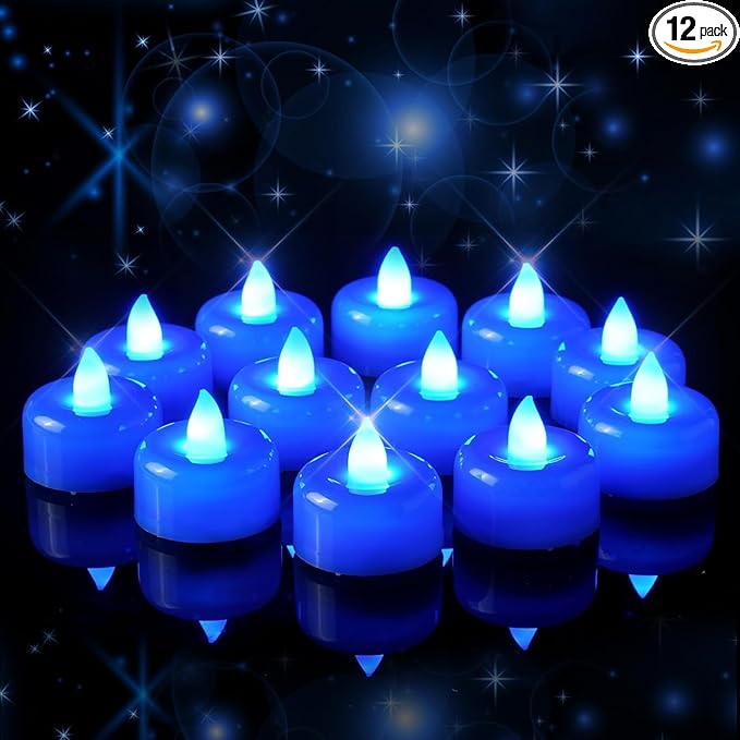 Amagic 12 Pack Blue Flameless LED Tea Lights Candles Battery Operated, Electric Fake Tealight Candles for Wedding, Table Centerpiece, Home Decor, Gift, Party, Halloween, Christmas, Proposal