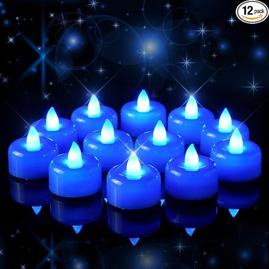 Amagic 12 Pack Blue Flameless LED Tea Lights Candles Battery Operated, Electric Fake Tealight Candles for Wedding, Table Centerpiece, Home Decor, Gift, Party, Halloween, Christmas, Proposal