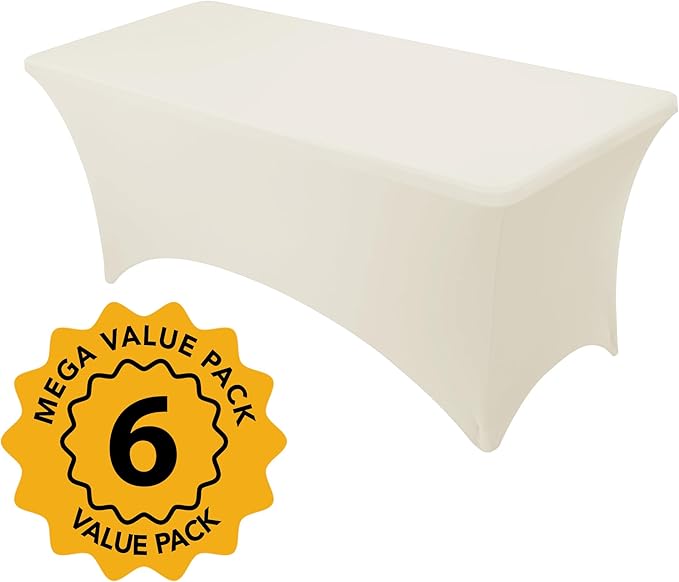 6-Pack Premium Cream Spandex Tablecloths for 6ft Rectangle Tables, Stain & Wrinkle-Resistant, Washable Stretch Polyester Fitted Table Cover for Weddings, Banquets, Trade Shows Events