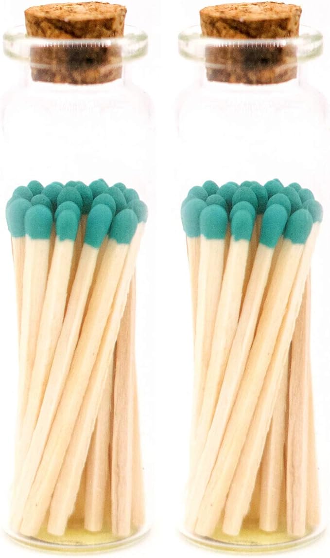 River Birch Decorative Matches in a Bottle with Striker - Cute & Colored Matches - 2 Bottles, Teal Tip, 40 Matches