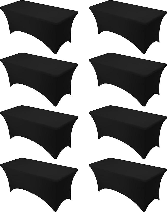 8-Pack Premium Black Spandex Tablecloths for 6ft Rectangle Tables, Stain & Wrinkle-Resistant, Washable Stretch Polyester Fitted Table Cover for Weddings, Banquets, Trade Shows Events